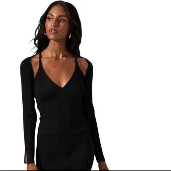 House of Harlow 1960 Cutout Ribbed Midi Sweater Dress in Black Size Large - Picture 1 of 8